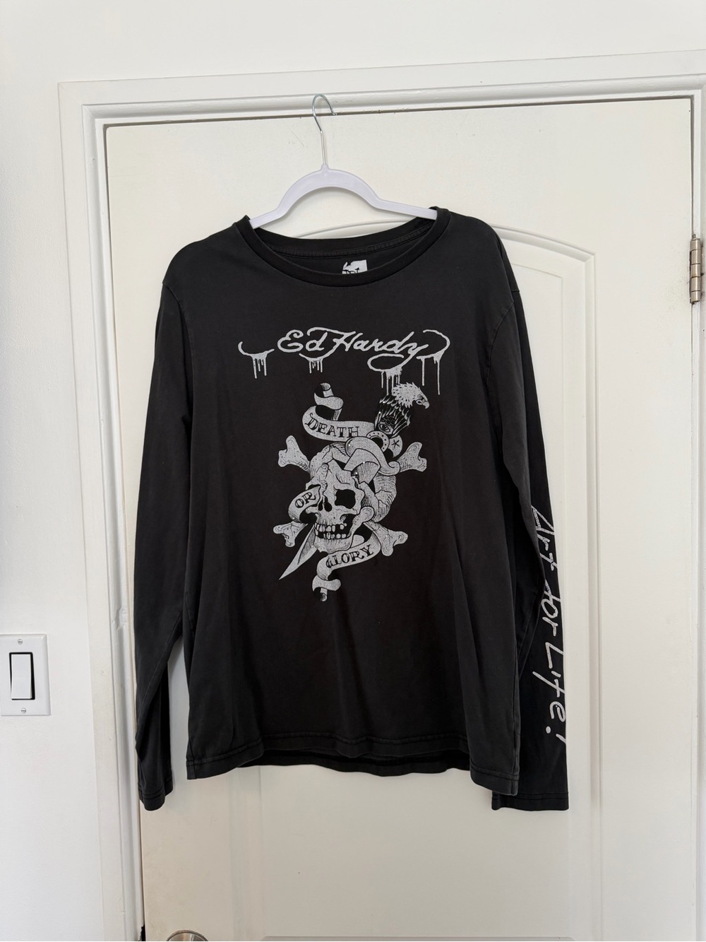 Ed Hardy Black Long Sleeve Skull Graphic Tee with Sleeve Script